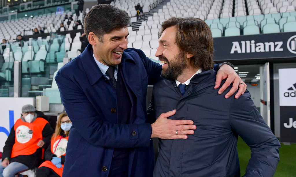 Paulo Fonseca e Andrea Pirlo no Juventus-Roma (Fabio Rossi/AP)